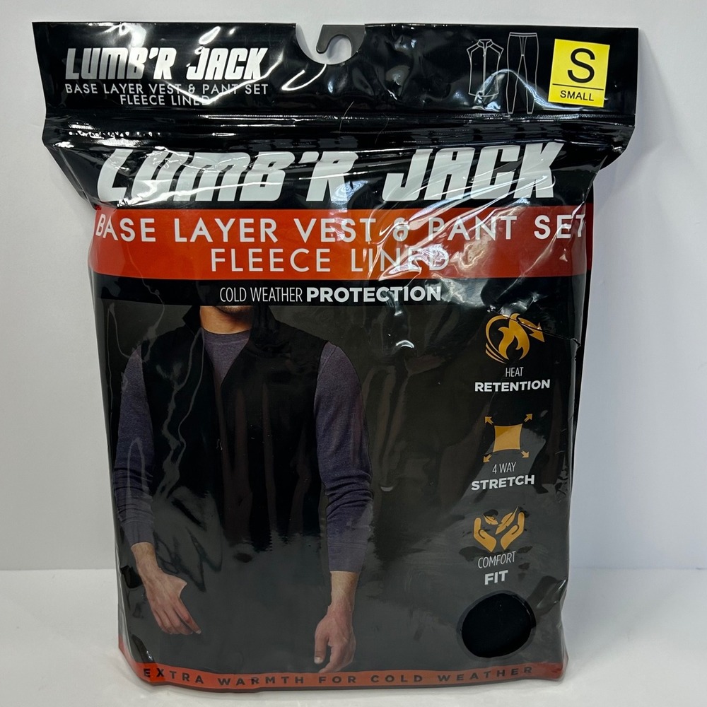 Lumb'r Jack Mens Base Layer Vest and Pant Set Fleece Lined Black Small New